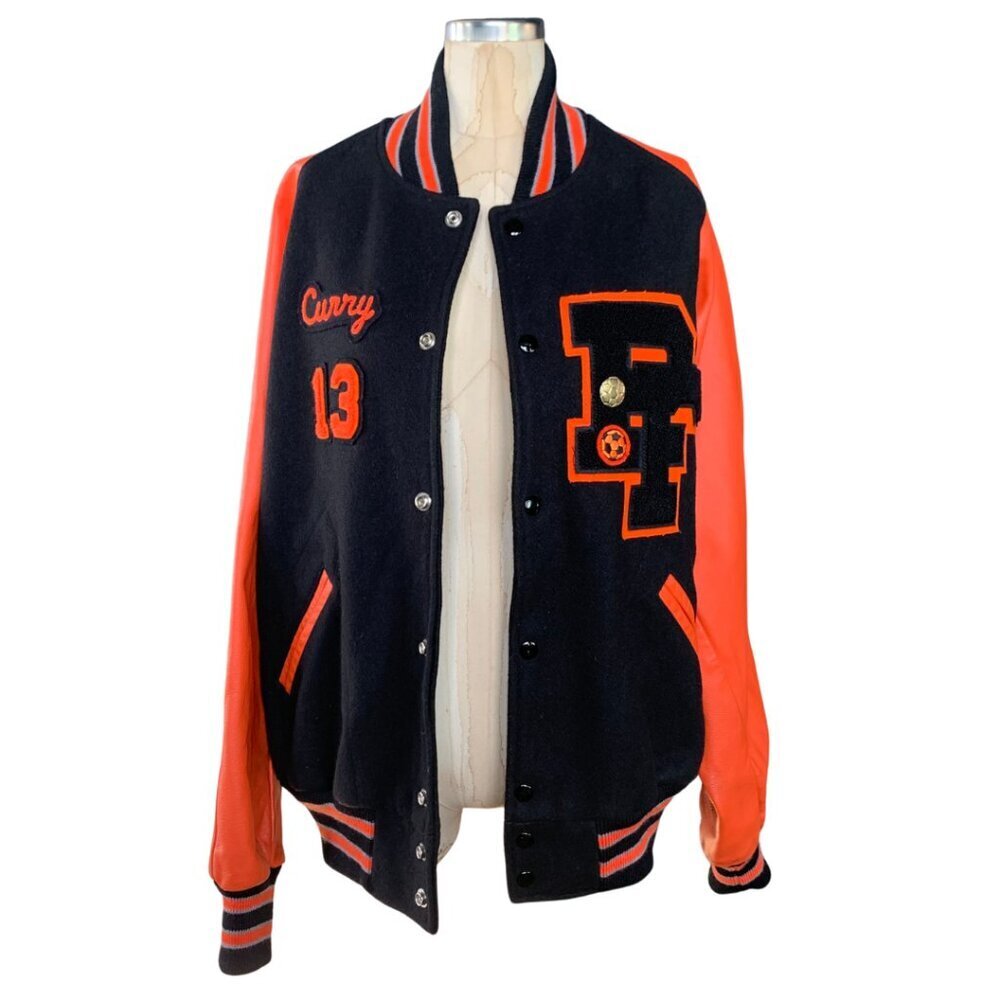 TM Athletics Post Falls Trojans Black Orange Letterman Jacket Coat Men’s Size 46